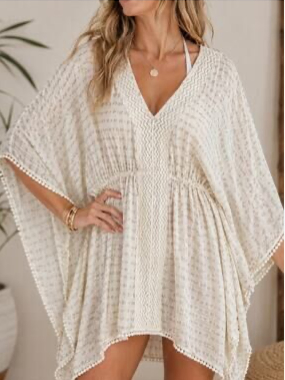 Angie Rayon Boho Kaftan V-Neck Batwing Sleeves Crochet Trim Cream  Large